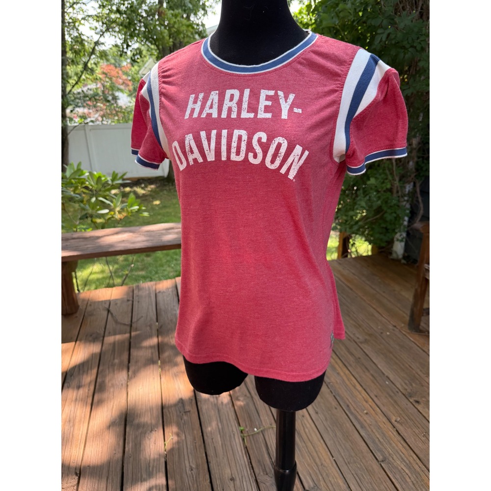 Harley-Davidson Womens Medium Red Ringer T-Shirt Athletic Striped Graphic Tee‎